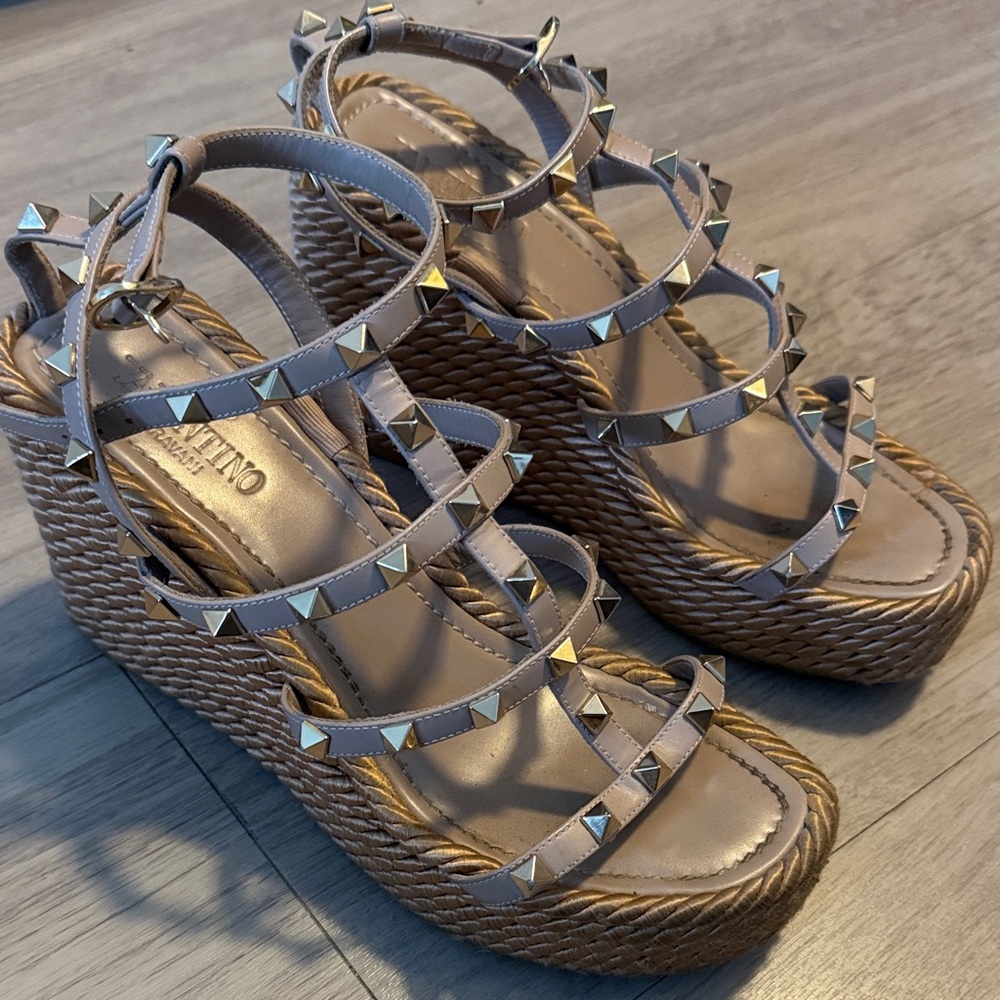 Valentino Beige Studded Wedge Sandals